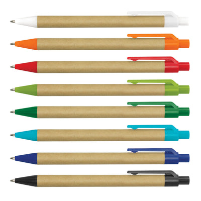 Kraft Pen - A selection of plastic pens with Kraft paper bodies in various colours: white, orange, red, green, blue, and black.