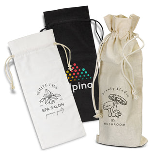 Cotton Wine Drawstring Bag - Three cotton drawstring bags in black, white, and natural, featuring different designs and logos.