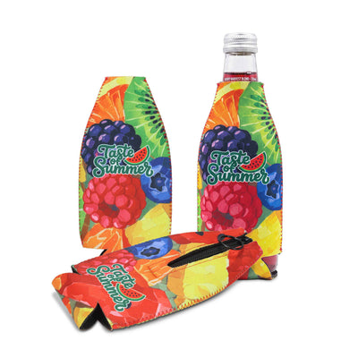 Belize Stubby Cooler - A drink bottle cooler featuring a vibrant fruit pattern in multiple colours, including red, yellow, and green, with a logo.