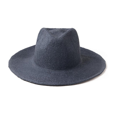 Airlie Paper Straw Hat - A dark grey straw hat with a wide brim and a round crown, featuring a subtle texture. Includes a logo.
