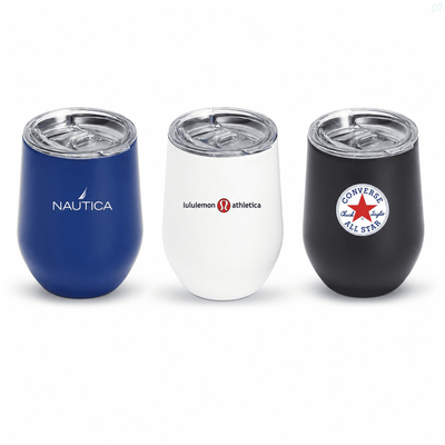 Zen Mirror Finish Mugs (350mL) - Three insulated mugs with lids in blue, white, and black, featuring different logos.