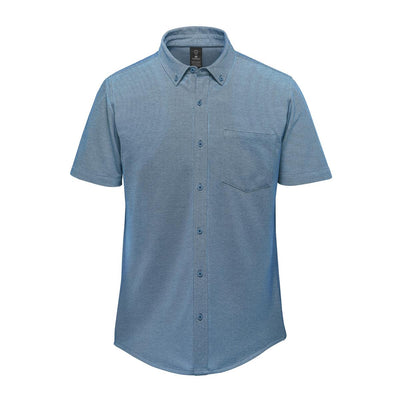 Men's Sonora Short Sleeve Knit Shirt - A short-sleeve knit shirt in shades of blue, featuring a button-up front and a chest pocket. It has a logo.
