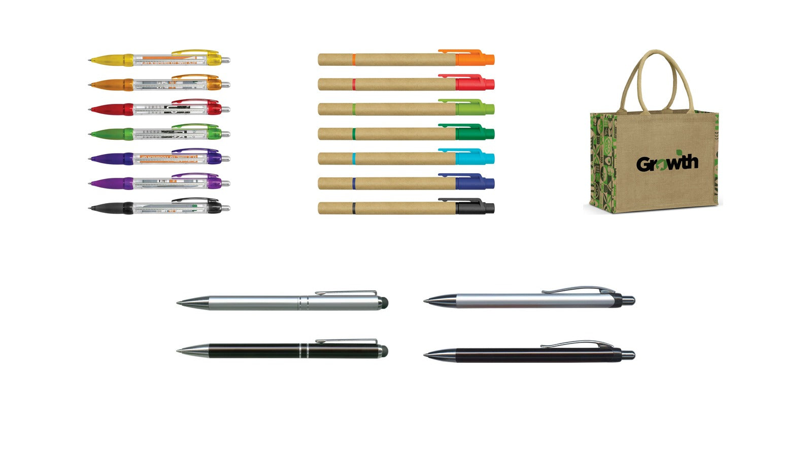 New promotional product arrivals: Flag Banner Pen, Kraft Pen Highlighter, Torino Jute Tote Bag, Bermuda Stylus Pen, Arizona Pen