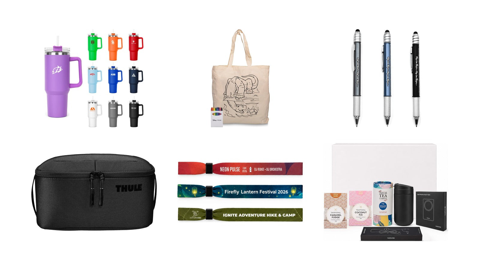 New promotional product arrivals: The Hippo 1.2L Mug, Squiggle Calico bag + Crayon set, The Balance Pen, Thule Subterra 2 Toiletry Bag w/ Removable Pouch, Event Wrist Band, The Modern Essential Gift Set