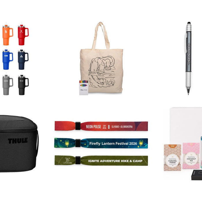 New promotional product arrivals: The Hippo 1.2L Mug, Squiggle Calico bag + Crayon set, The Balance Pen, Thule Subterra 2 Toiletry Bag w/ Removable Pouch, Event Wrist Band, The Modern Essential Gift Set