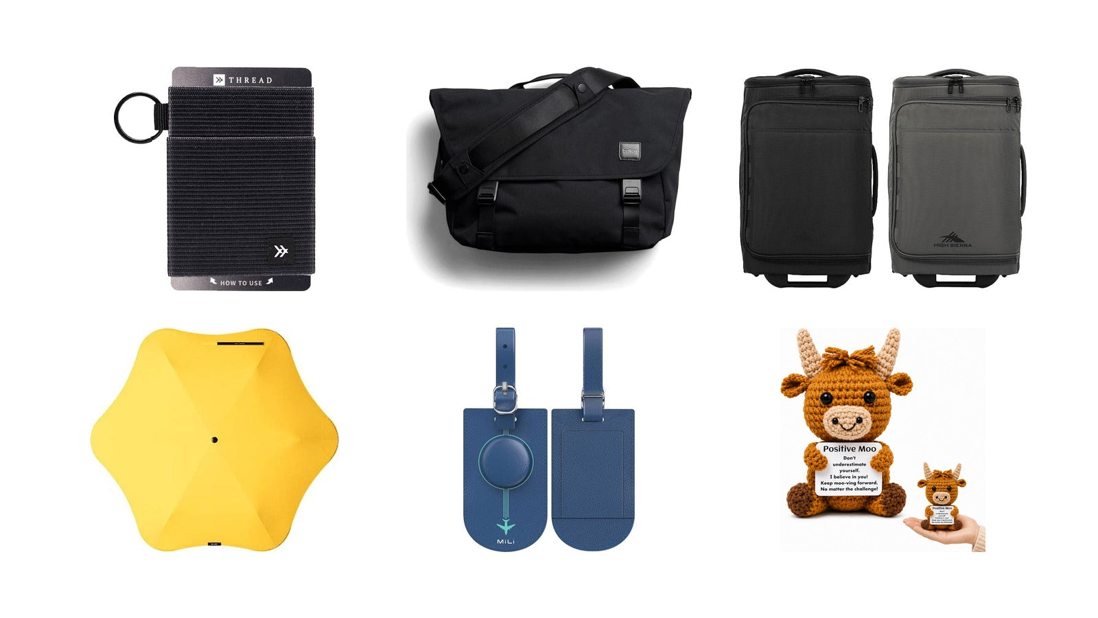 New promotional product arrivals: Thread Elastic Wallet, Bellroy Classic Messenger 13L, High Sierra Cross Season Pro Wheeled Duffle (55cm), BLUNT Neo Umbrella, MiTag Duo Tracker Luggage Tag, Amigurumi Crochet Positive Moo