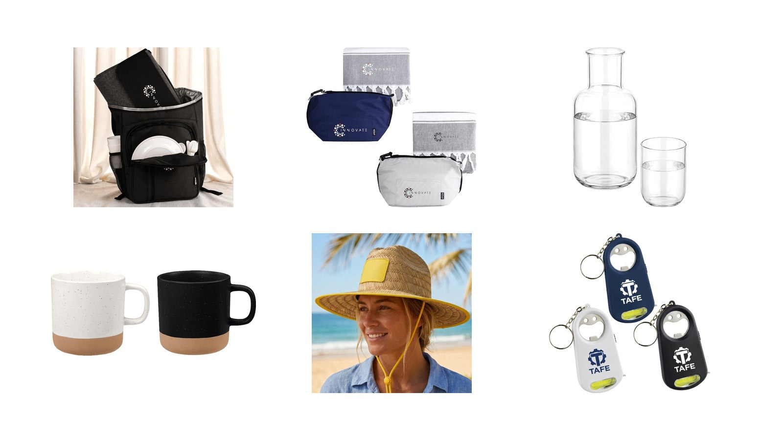 New promotional product arrivals: Picnic Pack, Towel & Cooler Bundle Pack, Amelie Glass Carafe & Cup Set 850ml, Santos 350ml Artisanal Ceramic Coffee Mug, Beach Straw Hat, Smily Torch Tape Bottle Opener Key Ring