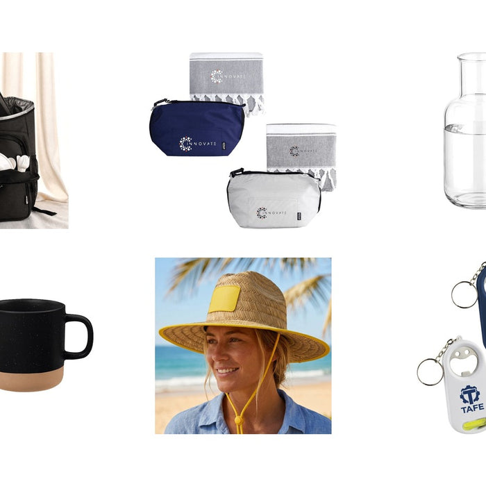 New promotional product arrivals: Picnic Pack, Towel & Cooler Bundle Pack, Amelie Glass Carafe & Cup Set 850ml, Santos 350ml Artisanal Ceramic Coffee Mug, Beach Straw Hat, Smily Torch Tape Bottle Opener Key Ring