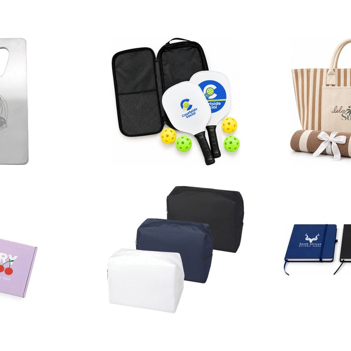 New promotional product arrivals: Stainless Credit Card Bottle Opener, Matchpoint Pickleball Set, The Sun & Sip Gift Set, Custom Box with Locking Lid 290 x 175 x 60mm, Muse GRS RPET Toiletry Bag, FSC Notebook