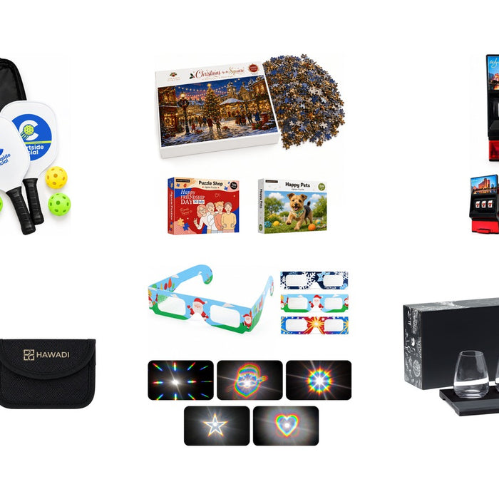 New promotional product arrivals: Matchpoint Pickleball Set, Custom Gift Box Jigsaw Puzzle, 777 Slot Machine Fridge Magnet with Sharpener, Faraday RFID Blocking Key Pouch, Paper Diffraction Glasses, Sommelier Wine Tasting Set