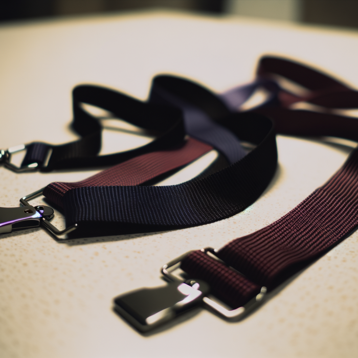 Fabric lanyards with badge clips on a countertop
