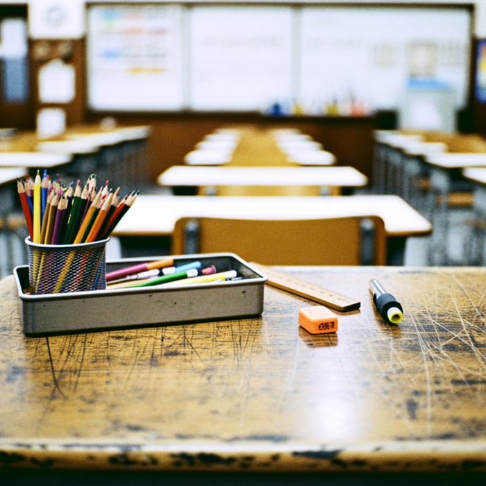 School stationery supplies on a classroom desk