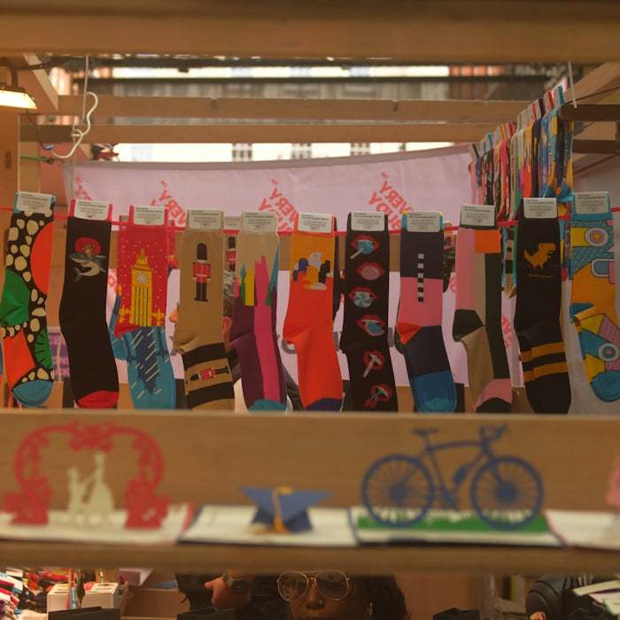 Colorful patterned socks displayed for sale