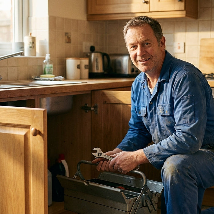 Plumber with promotional items for clients