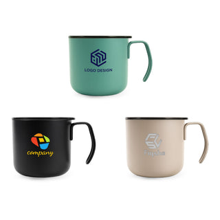 350ML Camping Stainless Steel Insulated Mug - Three stainless steel insulated mugs in teal, black, and beige, each featuring a logo.