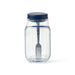 Go Salad Jar - A clear plastic salad jar with a navy blue lid and built-in fork inside. Features measurement markings on the side.