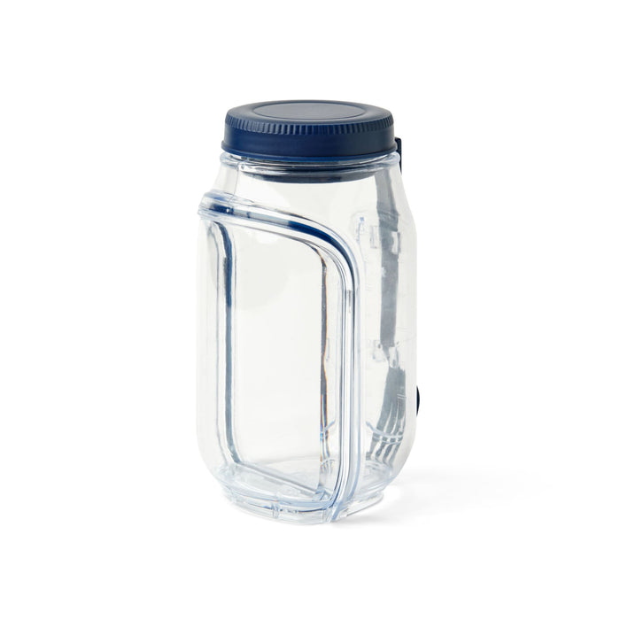 Go Salad Jar - A clear plastic salad jar with a navy blue lid and a handle, featuring a curved design.