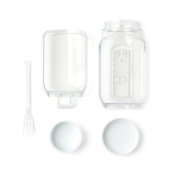 Go Salad Jar - A clear plastic salad jar with a separate container, a fork, and two white lids.