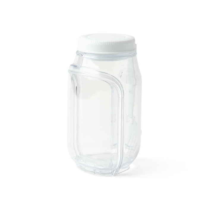 Go Salad Jar - A clear plastic salad jar with a white lid and a unique curved design. It features a logo on the side.