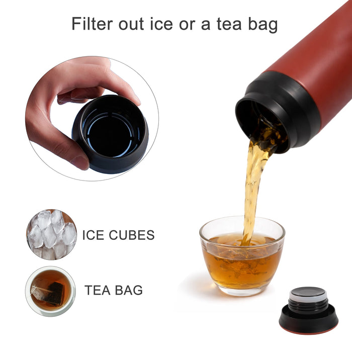 350ML/500ML Double Wall Stainless Steel Drink Bottle - A drink bottle in red and black, featuring a pouring mechanism with an infuser for filtering tea bags or ice cubes.