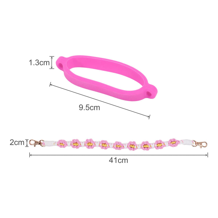 Woven Flower Tumbler Strap - A drink bottle strap in pink with woven flower decorations, featuring a gold-tone clasp and measuring 41 cm in length.