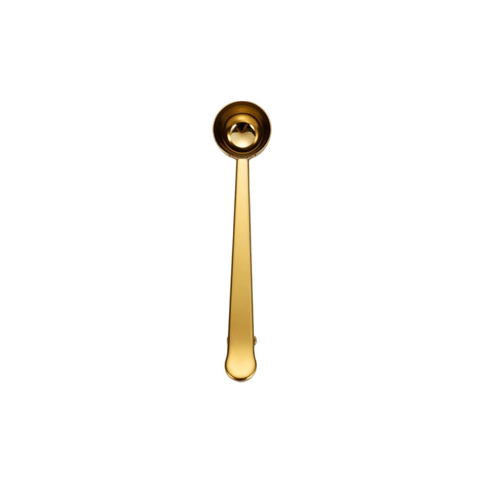 Coffee Measuring Spoon With Clip - A gold coffee measuring spoon with a clip, featuring a sleek design and a shiny finish.
