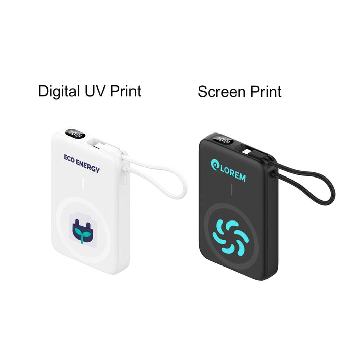 10000mAh Magnetic Wireless  Power Bank with Charging Cable - A compact 10000mAh magnetic wireless power bank in white and black with unique designs and a small attachment loop.