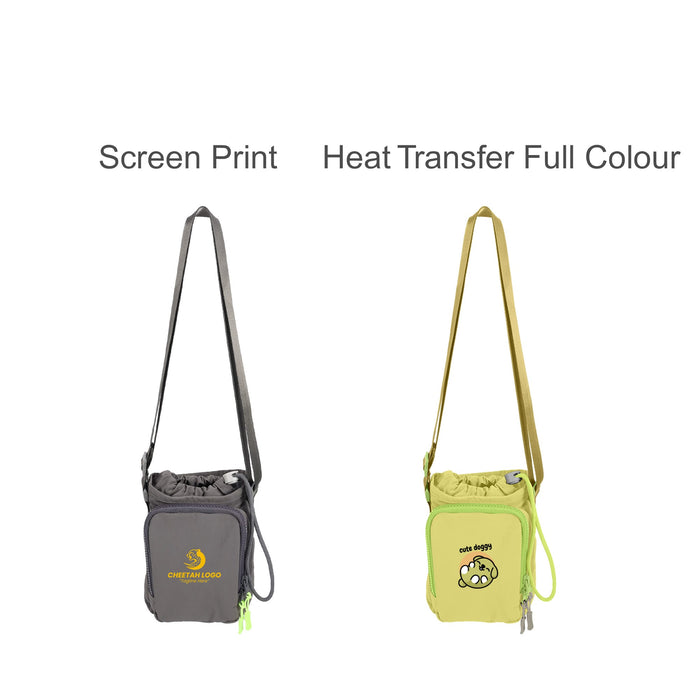 Water Bottle Holder with Strap - A drink bottle holder with a strap, available in grey and yellow, featuring branding on the front.