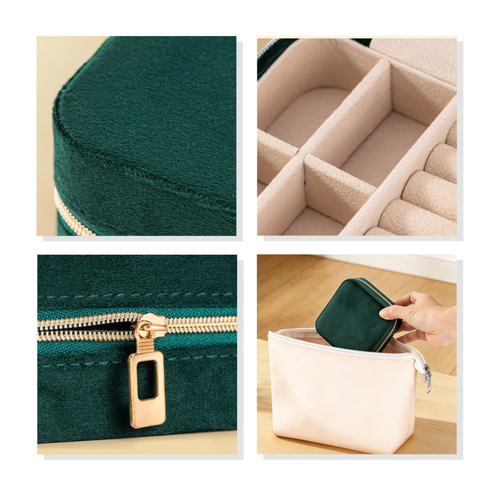 Velvet Jewellery Organizer - A green velvet jewellery organiser with a zip closure and compartments for storing items. Includes a light-coloured inner lining.