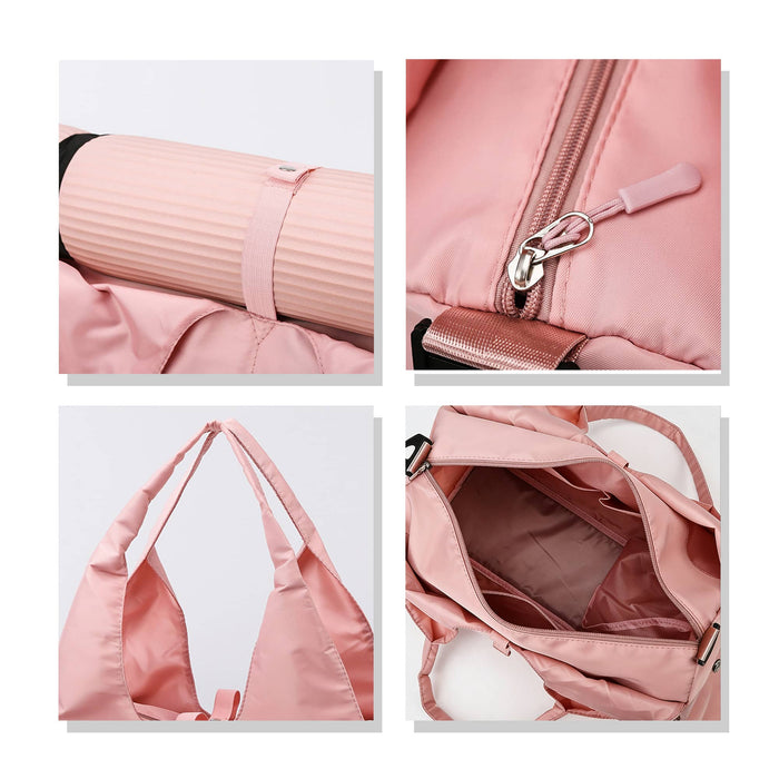 Duffle Bag With Yoga Mat Strap - A pink duffle bag featuring a yoga mat strap, zip closure, and multiple interior pockets. Includes a logo on the bag.