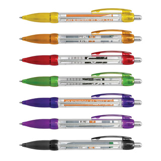 Flag Banner Pen - Eight plastic pens in various colours including yellow, orange, red, green, purple, and black, featuring a logo on each pen.