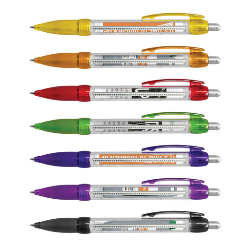 Flag Banner Pen - Eight plastic pens in various colours including yellow, orange, red, green, purple, and black, featuring a logo on each pen.