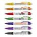Flag Banner Pen - Eight plastic pens in various colours including yellow, orange, red, green, purple, and black, featuring a logo on each pen.