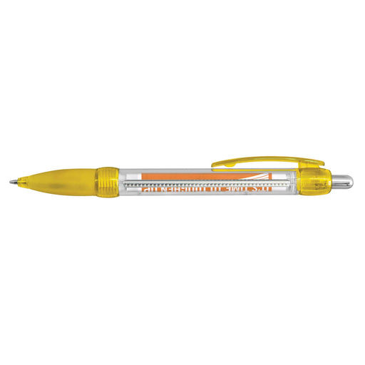 Flag Banner Pen - A plastic pen with a transparent barrel and yellow accents, featuring a logo on the side.