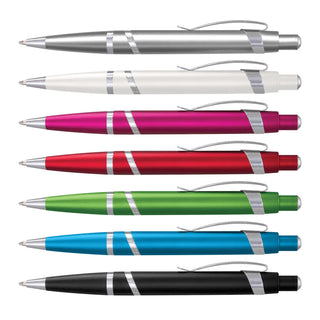 Athena Pen - A collection of Athena pens in silver, white, pink, red, green, blue, and black, each with a sleek design and a logo.