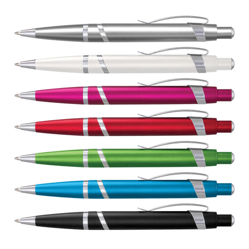Athena Pen - A collection of Athena pens in silver, white, pink, red, green, blue, and black, each with a sleek design and a logo.