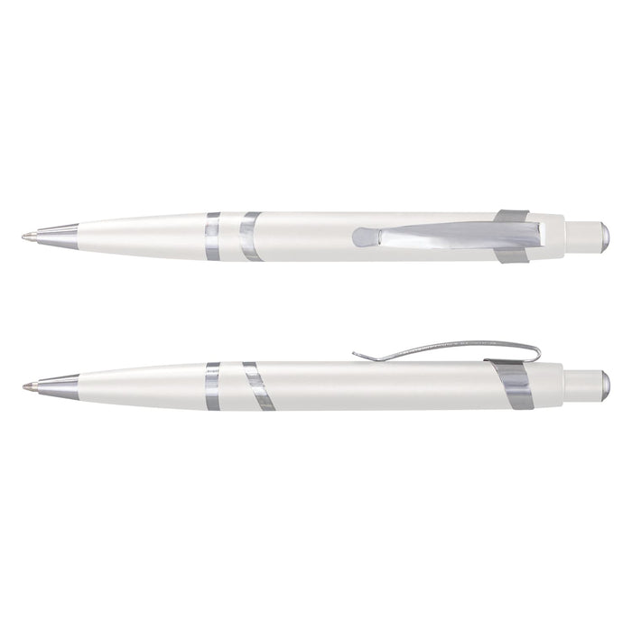 Athena Pen - A white plastic pen with silver accents, featuring a clip and a smooth writing tip, plus an additional view of the same pen.