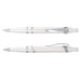 Athena Pen - A white plastic pen with silver accents, featuring a clip and a smooth writing tip, plus an additional view of the same pen.