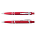 Athena Pen - A red plastic pen with silver accents, featuring a clip and a tip, displayed from two angles. It has a logo.