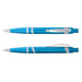 Athena Pen - A blue plastic pen with silver accents, featuring a sleek design and a clip for easy attachment.