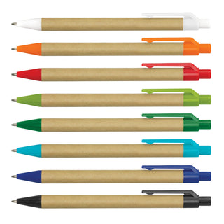 Kraft Pen - A selection of plastic pens with Kraft paper bodies in various colours: white, orange, red, green, blue, and black.