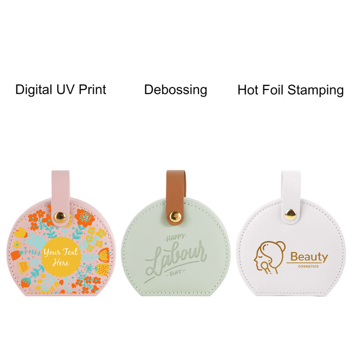 Small Portable PU Leather Jewellery Box - A set of three circular tags in pastel colours featuring different designs and logo branding.