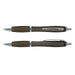Vistro Pen - Translucent - A translucent plastic pen in olive green, featuring silver accents and a clip. The image displays two views of the pen.