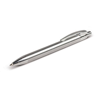 Recycled Stainless Steel Pen - A metal pen with a sleek silver finish and a textured grip. Features a clip and a logo on the body.