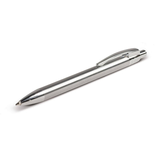 Recycled Stainless Steel Pen - A metal pen with a sleek silver finish and a textured grip. Features a clip and a logo on the body.
