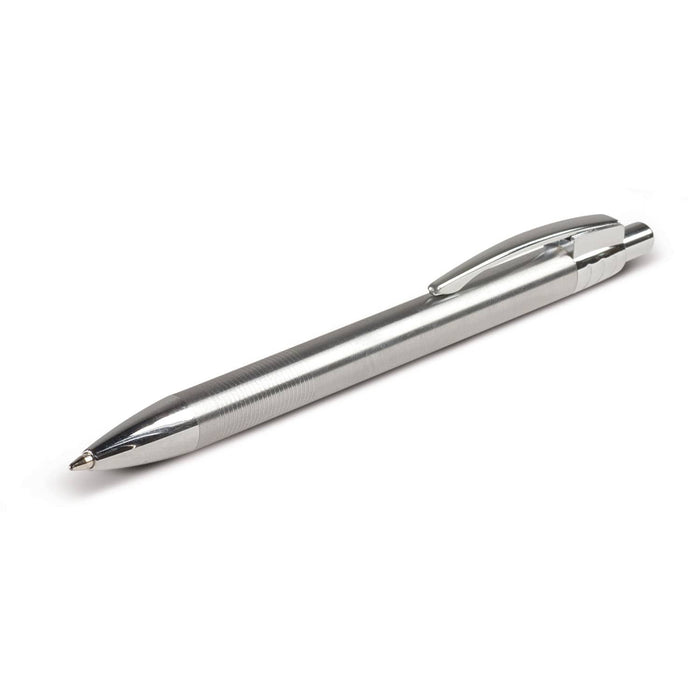 Recycled Stainless Steel Pen - A metal pen with a sleek silver finish and a textured grip. Features a clip and a logo on the body.