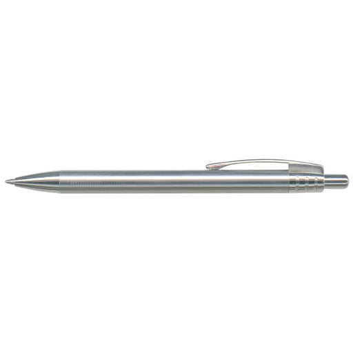 Recycled Stainless Steel Pen - A silver metal pen with a sleek design and a clip. The pen has a logo on its body.