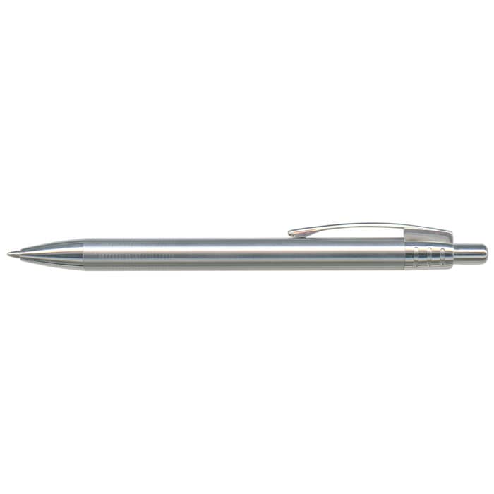 Recycled Stainless Steel Pen - A silver metal pen with a sleek design and a clip. The pen has a logo on its body.