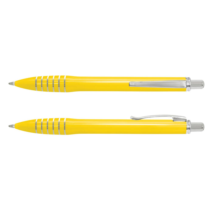 Vulcan Pen - A yellow plastic pen featuring a silver clip and accents, presented from two angles.