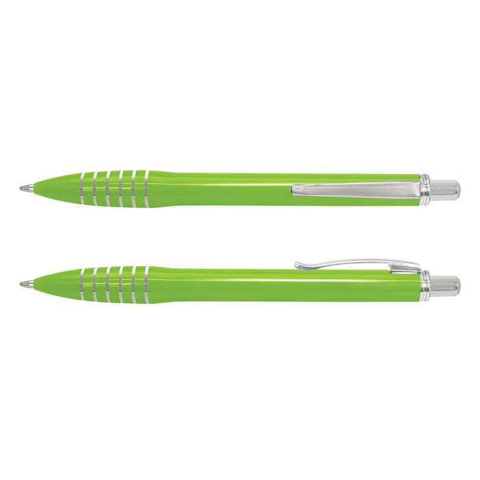 Vulcan Pen - A plastic pen in bright green with silver accents and a sleek design, featuring a logo.